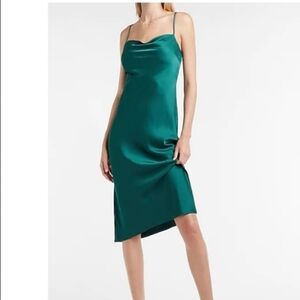Dark Green satin cowl neck midi Dress with side slits, size small
